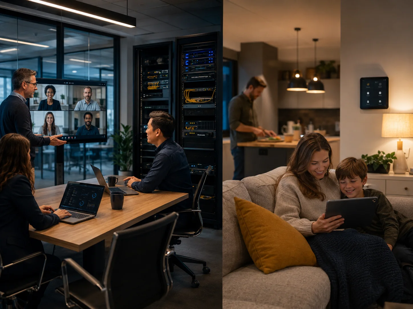 A business technology team working beside network equipment and a family using a tablet in a connected home