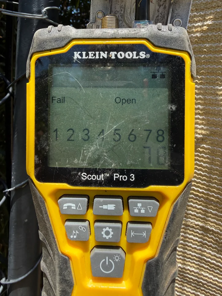 Cable tester showing an open-circuit fault found during Mitec cable testing