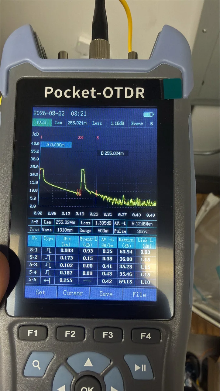 Fiber test instrument showing a passing result for a 255-meter fiber run