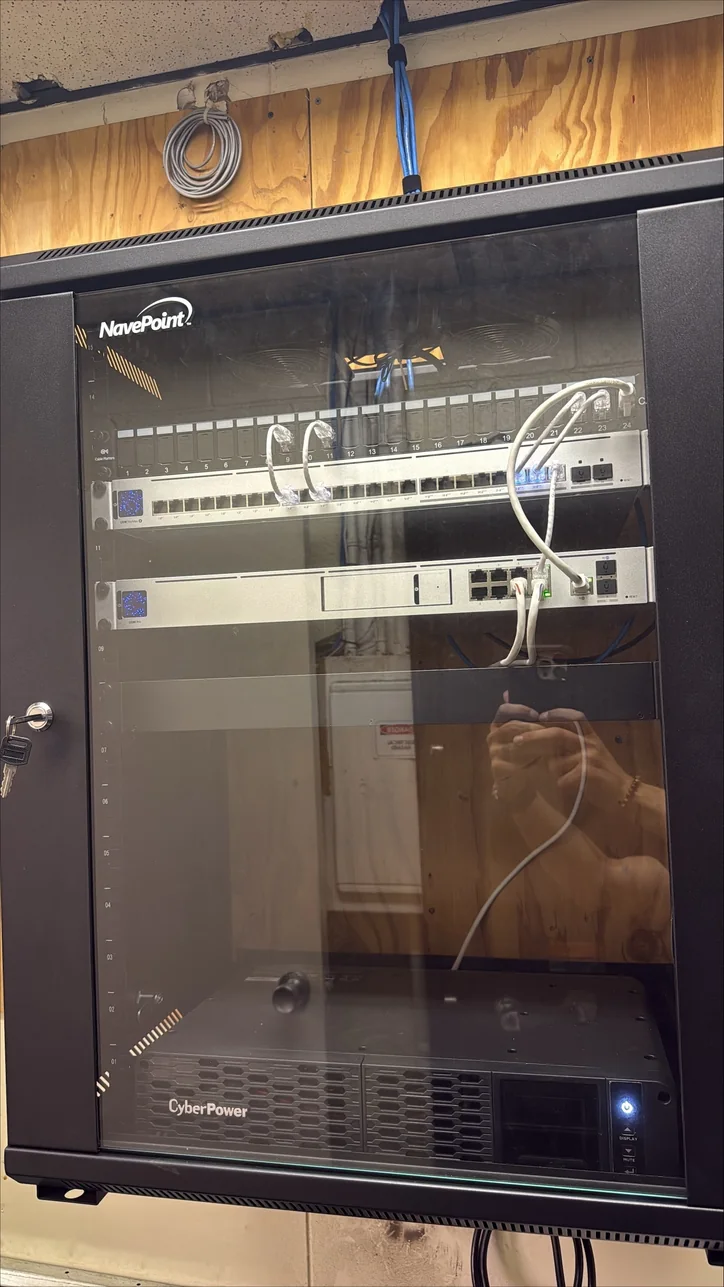 Wall-mounted business network rack installed and configured by Mitec