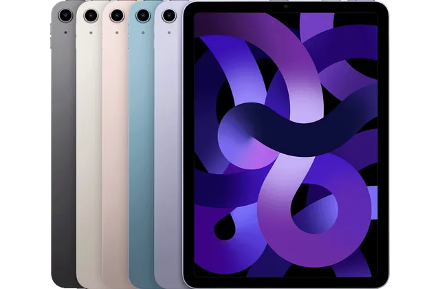 Back color options and front view of iPad Air (5th generation), 2022 for model identification