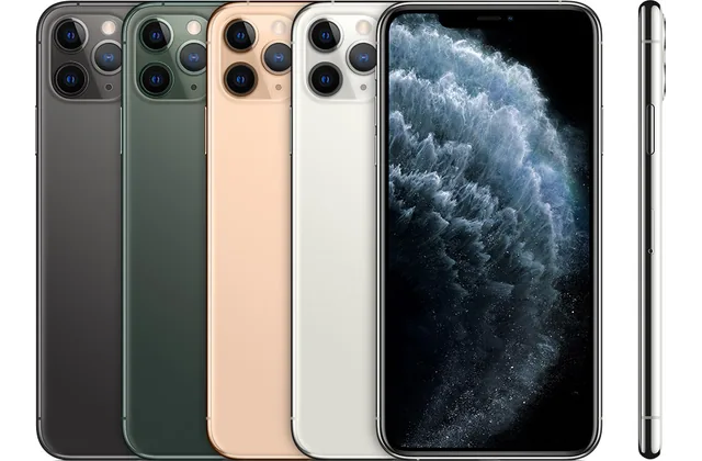Back color options and front view of iPhone 11 Pro Max for model identification