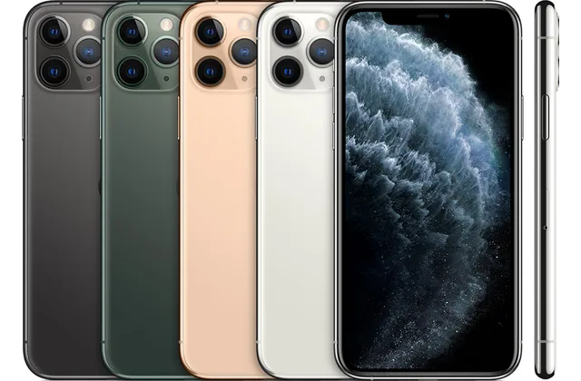 Back color options and front view of iPhone 11 Pro for model identification