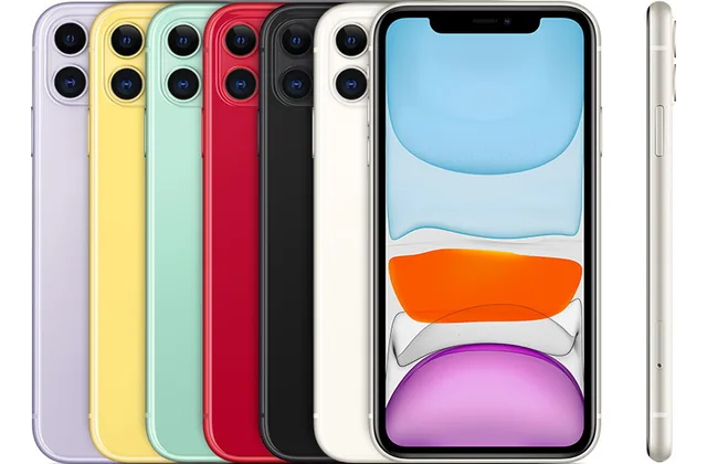 Back color options and front view of iPhone 11 for model identification