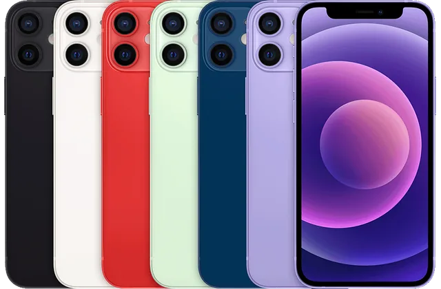 Back color options and front view of iPhone 12 mini for model identification