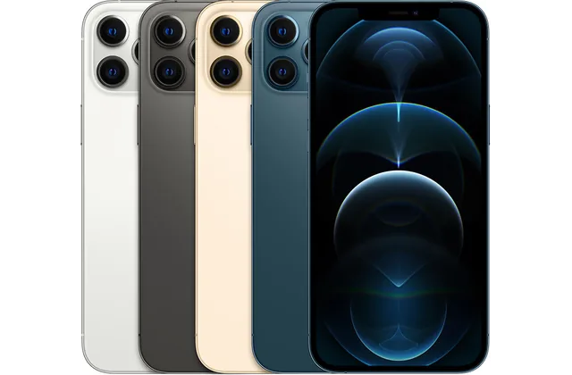Back color options and front view of iPhone 12 Pro Max for model identification