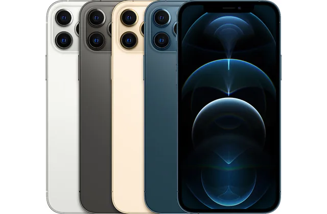 Back color options and front view of iPhone 12 Pro for model identification