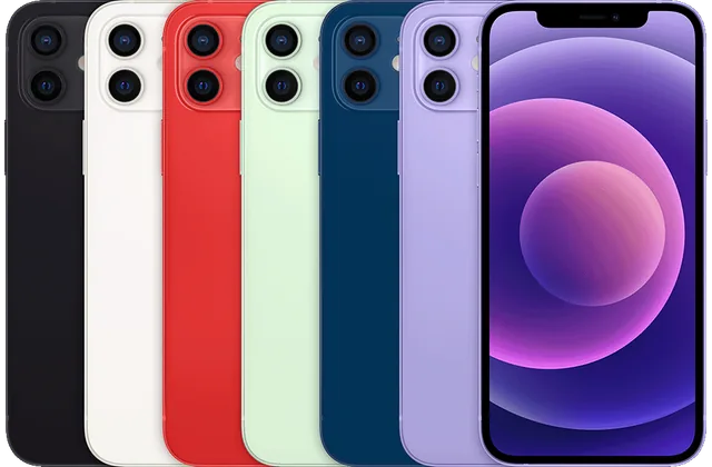 Back color options and front view of iPhone 12 for model identification