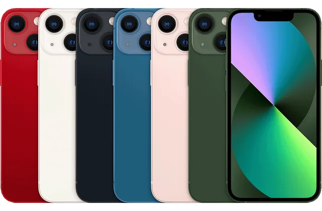 Back color options and front view of iPhone 13 mini for model identification