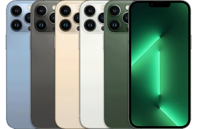 Back color options and front view of iPhone 13 Pro Max for model identification