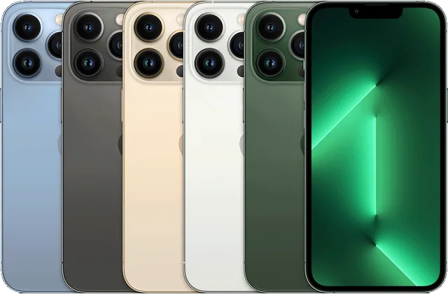 Back color options and front view of iPhone 13 Pro for model identification