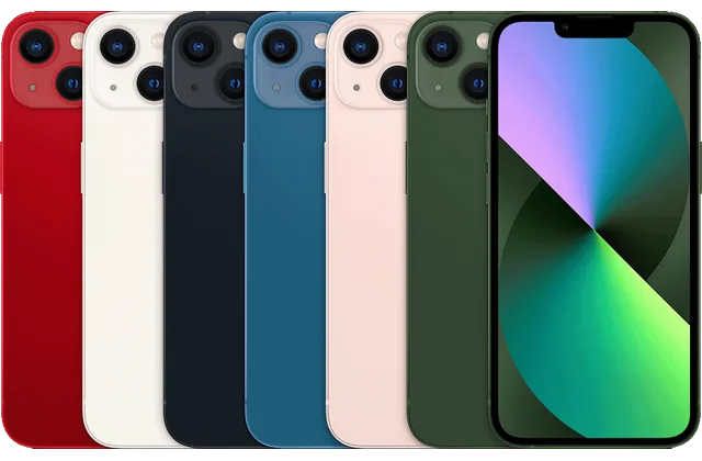 Back color options and front view of iPhone 13 for model identification