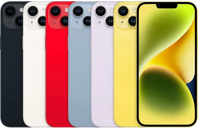 Back color options and front view of iPhone 14 Plus for model identification
