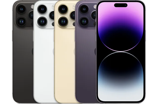 Back color options and front view of iPhone 14 Pro Max for model identification