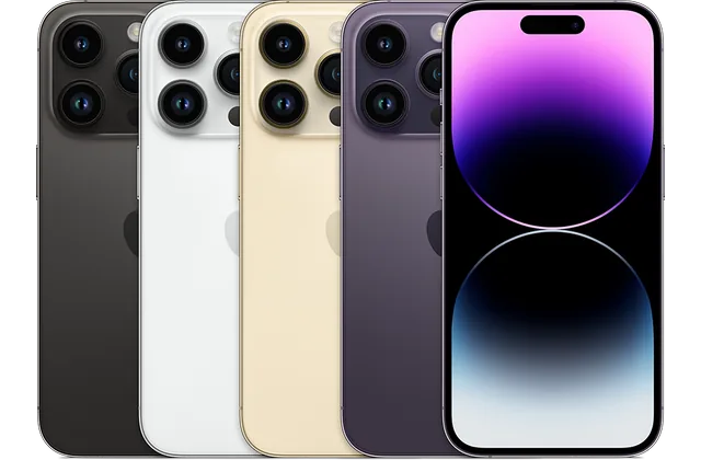 Back color options and front view of iPhone 14 Pro for model identification