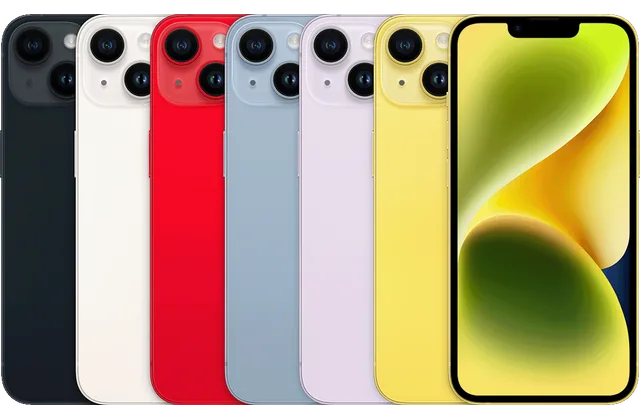 Back color options and front view of iPhone 14 for model identification