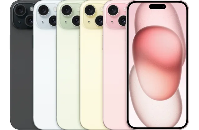 Back color options and front view of iPhone 15 Plus for model identification