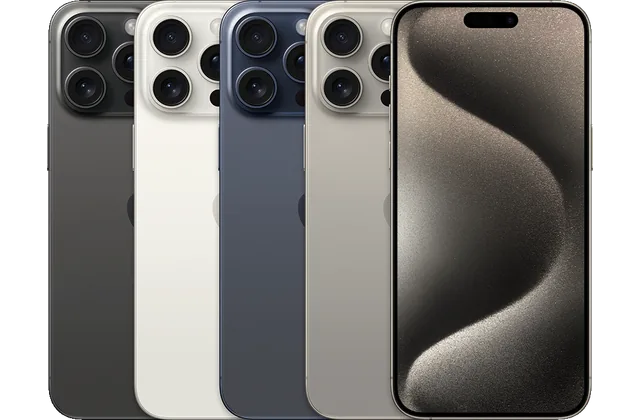 Back color options and front view of iPhone 15 Pro Max for model identification