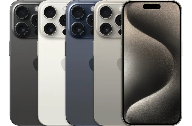 Back color options and front view of iPhone 15 Pro for model identification