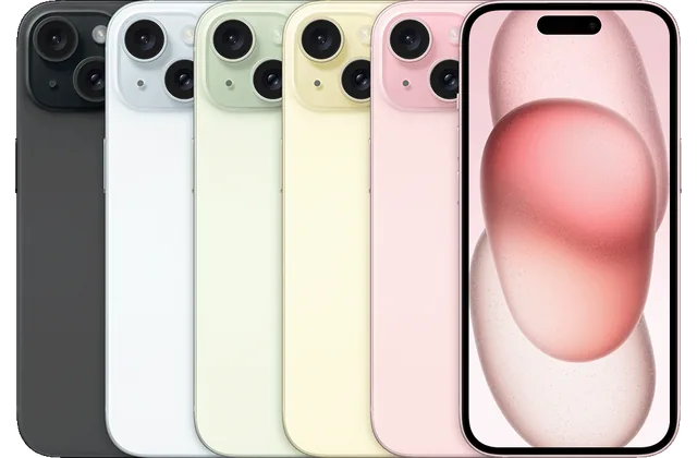 Back color options and front view of iPhone 15 for model identification