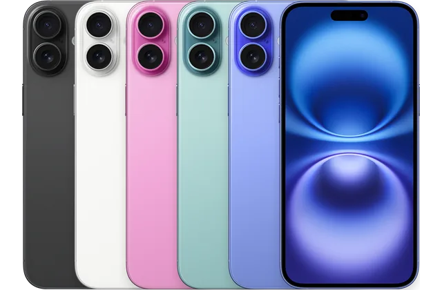 Back color options and front view of iPhone 16 Plus for model identification