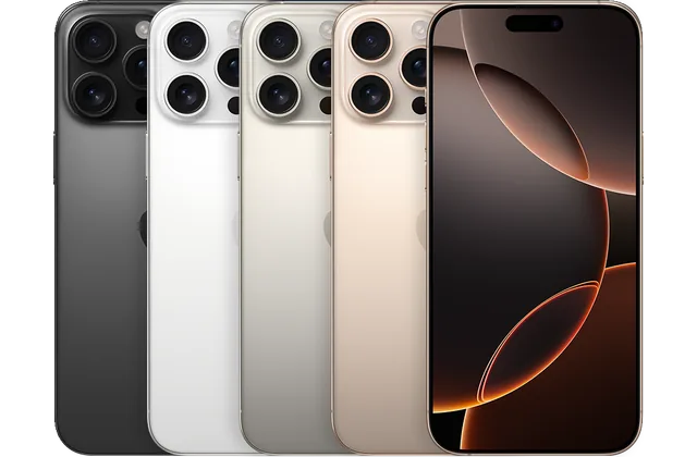 Back color options and front view of iPhone 16 Pro Max for model identification