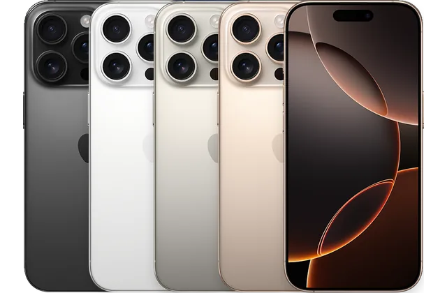 Back color options and front view of iPhone 16 Pro for model identification