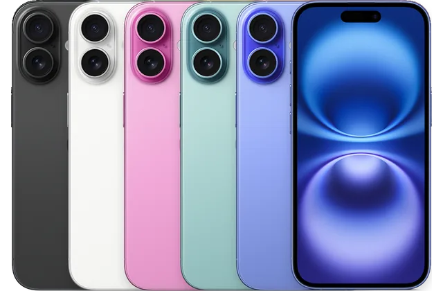 Back color options and front view of iPhone 16 for model identification