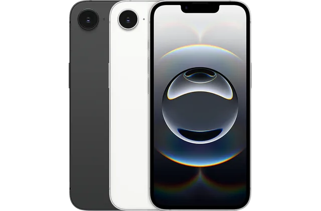Back color options and front view of iPhone 16e for model identification