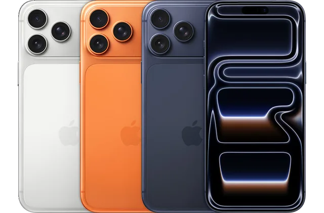 Back color options and front view of iPhone 17 Pro Max for model identification