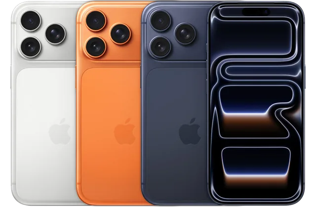 Back color options and front view of iPhone 17 Pro for model identification