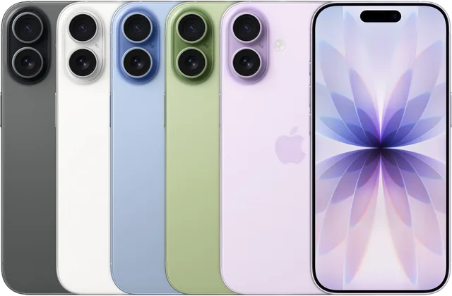 Back color options and front view of iPhone 17 for model identification