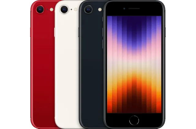 Back color options and front view of iPhone SE (3rd generation) for model identification